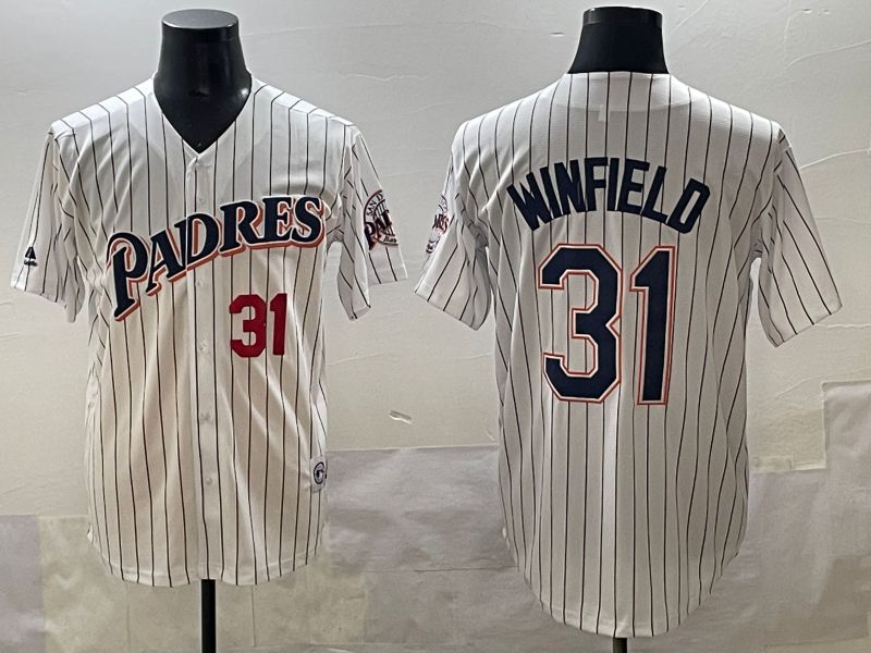 Men 2025 San Diego Padres #31 Winfield White Stripe Throwback Game Nike MLB Jersey style 5